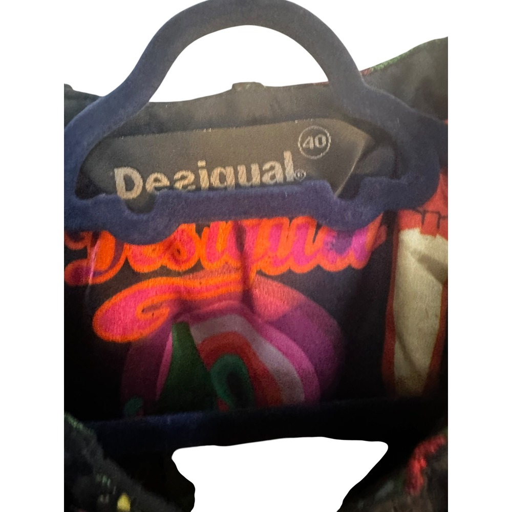 Desigual Jacket W. 40 Black Multi Color Floral Embroidered Moto Bomber Full Zip - Picture 5 of 13